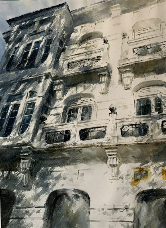 Luz en la fachada — acuarela de Jorge López