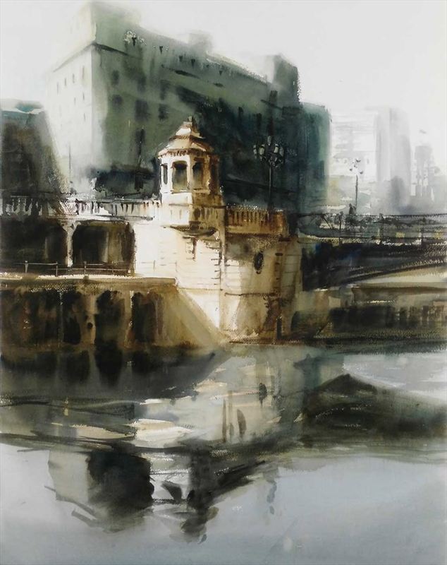 Pintura Puente del Ayuntamiento de Bilbao — Acuarela sobre papel de Jorge López Marrón